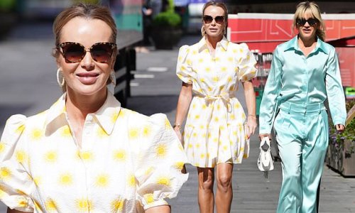 Amanda Holden exudes summer elegance in a bright sundress while Ashley Roberts goes bold in a teal co-ord as they depart Heart FM