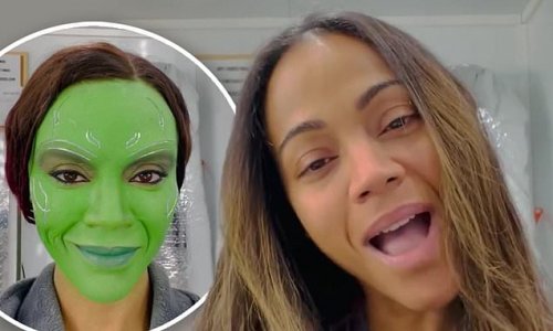 Zoe Saldana gets back into her Gamora make-up on set