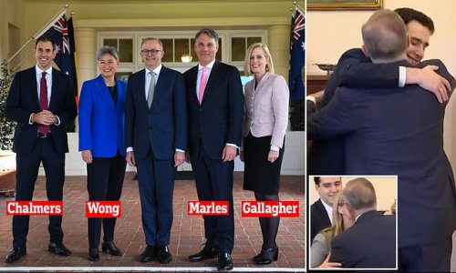 Anthony Norman Albanese is officially sworn in as the 31st Prime Minister of Australia along with his leadership team as son Nathan, 21, can't stop smiling and girlfriend Jodie watches on