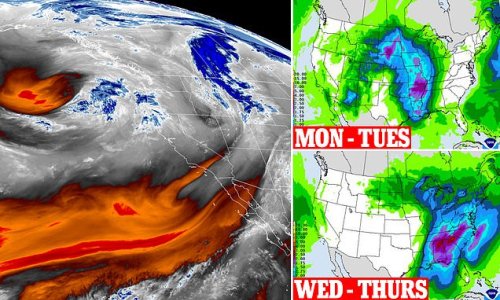 Ominous satellite images capture major storm bearing down on West Coast that will cause havoc across US - as forecasters predict three feet of snow, tornadoes, blizzards and heavy rain