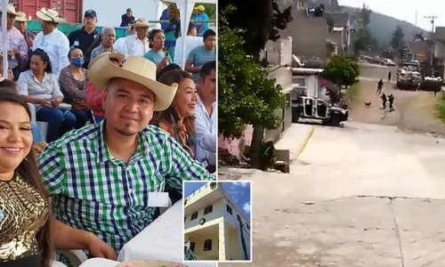American citizen and his mayor brother-in-law among 18 killed in 'cowardly assassination' when gunmen pelted a home then stormed city hall in Mexico - leaving the building 'riddled with bullet holes' in suspected gang crime