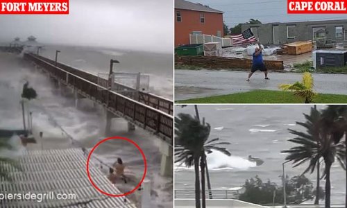 Only fools rush out: Harebrained Florida residents spotted braving Category 4 Hurricane Ian to sail, ride jetskis, wave American flags in the streets and even SWIM in 18-foot swells - stunning officials who spent weeks urging people to stay inside