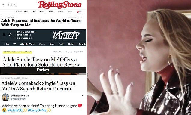 'Its a perfect storm of emotions': Critics and fans lavish praise on Adele's long-awaited new single 'Easy On Me' after debut was watched live by almost 300,000 people on YouTube