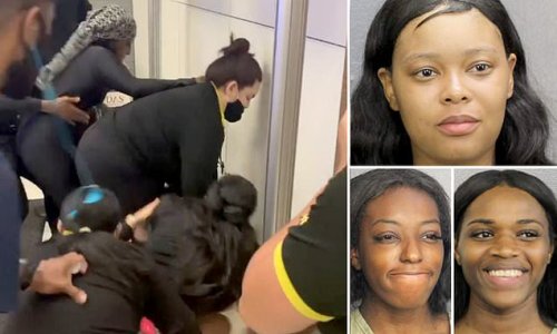 Three women are arrested for kicking, punching and throwing shoes and phones at Spirit Airlines staff at a Florida airport because they were angry their flight to Philadelphia was delayed