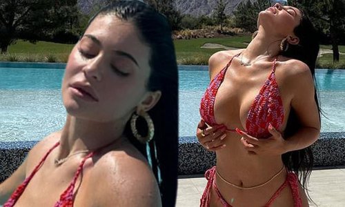 Kylie Jenner sizzles in a red bikini at the pool after posting photos of Stormi in a chicken costume