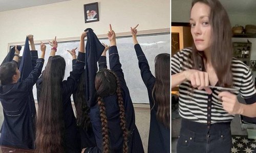Iranian schoolgirls show regime leaders the finger and chant 'death to the dictator' - while female celebrities and politicians cut their hair off to support uprising