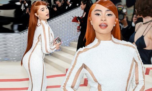 Ice Spice exudes cool in beaded white gown with dramatic train as she ...