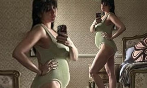 Pregnant Daisy Lowe shows off her growing bump in a green swimsuit as she poses for a stunning mirror selfie