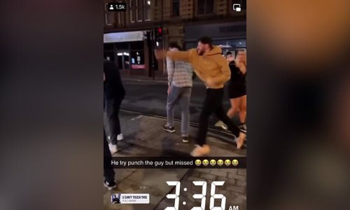 Swing… and miss! Slapstick moment ‘drunken moron’ floors himself as he tries to punch another reveller in late night street brawl