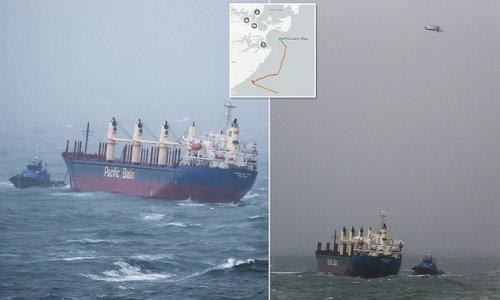 Desperate fight to drag mammoth cargo ship out to sea stalls as the tow cables snap in dangerous 11m swells and tug drivers battle to keep the bulk carrier away from the NSW coast
