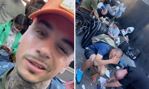 Shocking video shows elementary school kids in San Francisco getting off bus and being forced to pick their way through crowd of homeless drug addicts shooting up in broad daylight