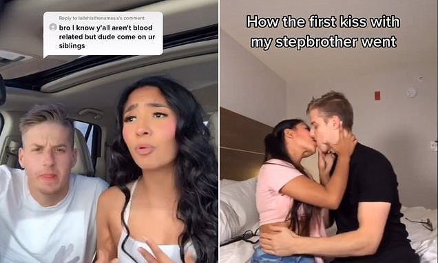 Couple who are STEP-SIBLINGS divide TikTok with their bizarre videos including one recreating their first kiss when their parents left the room at a family movie night