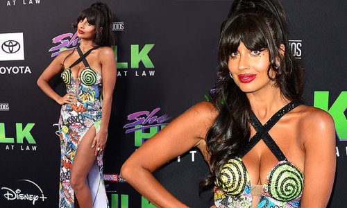 Jameela Jamil stuns in snazzy low-cut comic book themed dress at premiere of She-Hulk: Attorney At Law in LA
