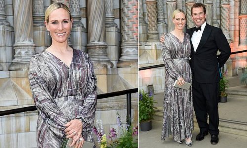 Siblings night out! Elegant Zara Tindall is elegant in a lilac and grey gown as she joins brother Peter Phillips at the Tusk Ball at the Natural History Museum
