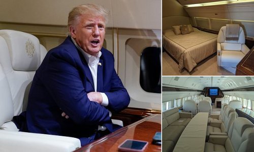 EXCLUSIVE Gold seatbelt buckles, a booming sound system and cream leather seats: Donald Trump shows off his campaign's secret weapon and takes DailyMail.com inside his refurbished Trump Force One