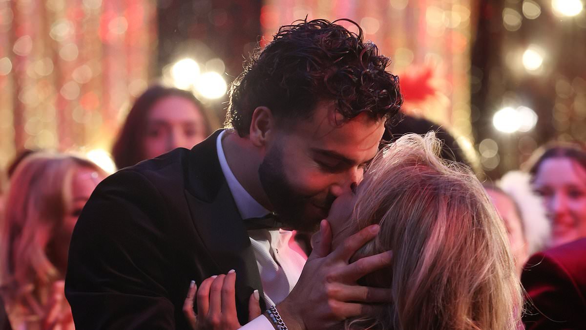 TOWIE's Elma Pazar shares a smooch with boyfriend Sammy Root as they join leggy glamorous Ella Rae Wise at Cabaret-themed bash in Essex