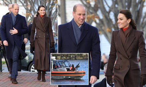 Defense for the charm offensive: William and Kate arrive at Boston Harbor while a Coast Guard gun boat patrols the waters - as couple continues to smile through US tour that has been rocked by race row scandal and Harry and Meghan's Netflix trailer