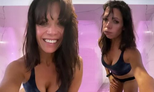 'Psyched myself up for this'': Jenny Powell, 53, showcases her stunning figure in crop top and bikini bottoms as she pours bucket of ice water over herself in health spa