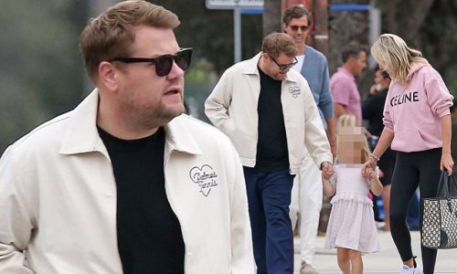 James Corden keeps it casual as he steps out in LA hand-in-hand with his wife Julia Carey and kids Max, 11, Carey, seven, and Charlotte, four