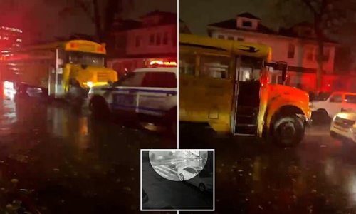 Mom, 41, pushing stroller is pinned under a school bus as she was picking up her two other children when hit and run driver blew through stop signs and smashed into her and four young children