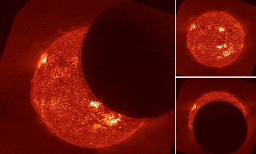 The ultimate photobomb! Space satellite captures amazing video of Earth's moon passing the sun and blocking the blazing surface with a dark silhouette