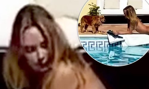 Kimberley Garner films herself sunbathing completely NAKED while relaxing poolside with her cocker spaniel Sasha
