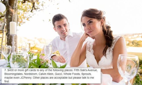 Bride-to-be is slammed as an 'entitled brat' for gift registry list