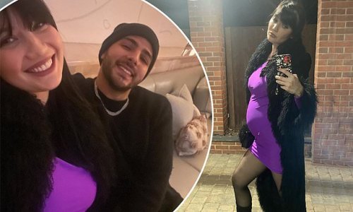 Daisy Lowe jokes she 'accidentally dressed up as the pregnancy emoji' as she shows off her growing baby bump in a purple mini dress for night out