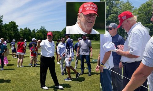 Donald Trump rallies his supporters for his Presidential campaign, telling them to 'all vote in 2024' as he hosts Saudi-backed LIV Golf again - but he misses the shotgun start to take a phone call on the range!