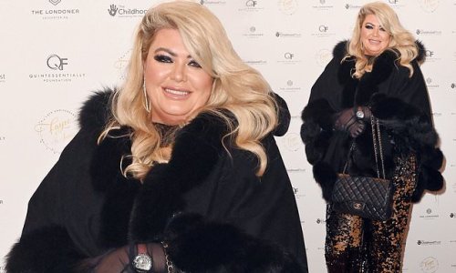 Gemma Collins dazzles in sequinned trousers teamed with a fur-trimmed shawl as she makes glamorous appearance at carol concert