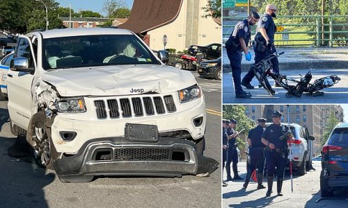 Cops hunt female hit-and-run motorist 'who killed cyclist in high-speed crash before unstrapping baby from stolen Jeep and disappearing in another driver's SUV' in the Bronx