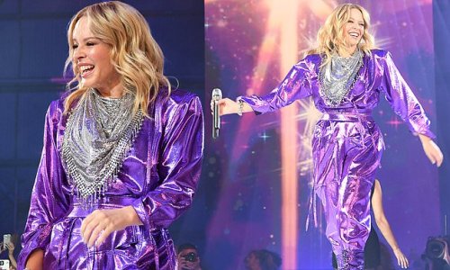 Kylie Minogue looks like the ultimate disco queen in a retro-inspired metallic jumpsuit as she performs at Qantas' 100th Gala Dinner