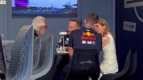 New video shows embattled Christian Horner and wife Geri Halliwell deep in conversation with Flavio...