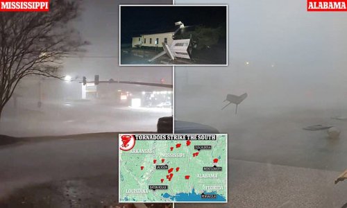 Two people dead as southern states are hit by TWENTY-THREE tornadoes overnight and Florida, Alabama and Georgia are warned to brace for more this morning: Twister ripped STEEPLE off Mississippi church as area is battered by hail the size of tennis balls