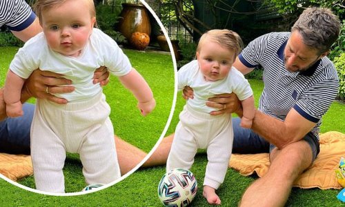 'Can't start them early enough!' Jamie Redknapp jokingly reveals baby son Raphael, 6 months, has begun football training as he shares sweet snap