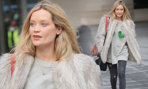 Laura Whitmore looks chic in an embellished jumper and biker boots