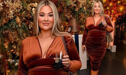 Pregnant Shaughna Phillips shows off her blossoming bump in a velvet plunging midi dress as she leads the reality stars at the Shein Christmas pop-up store in London