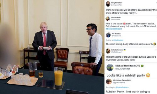 'The most boring, badly attended party on earth': Social media users mock Boris Johnson's 'damp squib' rule-breaking No 10 birthday party as Sue Gray releases photos of PM stood next to a jug of orange juice and sandwiches