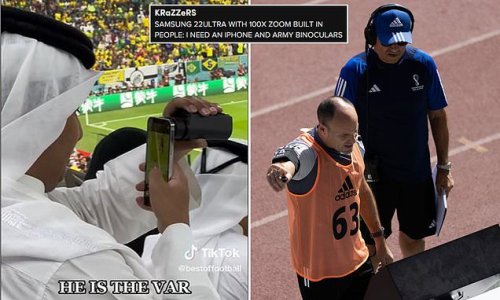 Football fan goes viral after coming up with an ingenious way to create his own VAR at a World Cup game…but gets roasted for his choice of phone