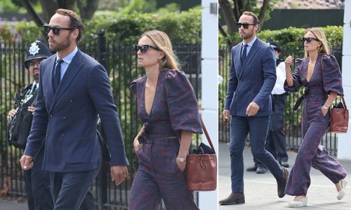 Looking ACE! James Middleton is joined by his wife Alizee Thevenet in a £320 plunging blouse and matching £450 trousers from Australian brand Scanlan Theodore at Wimbledon