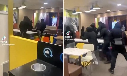 Sickening moment gang of bullies launch vicious attack on man in McDonald's as they hurl chairs, punches and kicks in front of stunned fast food fans