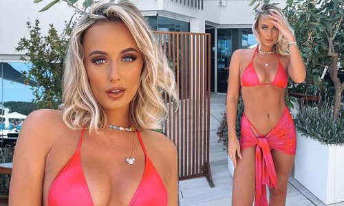 Love Island's Millie Court flaunts her incredible figure as she poses in pink string bikini and matching patterned wrap on her sunny Ibiza break