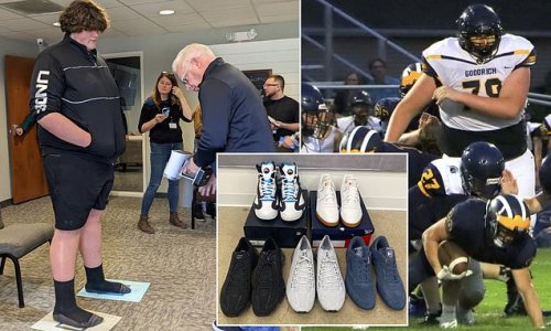 Shaquille O'Neal and Reebok team up to send sneakers to viral six-foot-ten high school football player Eric Kilburn, who struggled to find shoes to fit his record-breaking SIZE 23 feet