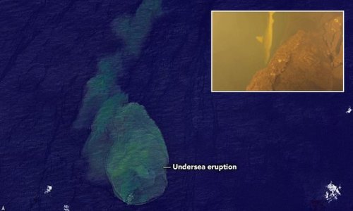 'Sharkcano' is erupting! NASA satellite images capture a plume of discoloured water emitting from the Kavachi Volcano where mutant sharks live in an acidic underwater crater