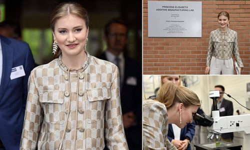 Check her out! Oxford University student Princess Elisabeth of Belgium, 20, dons a statement gold shirt as she opens a 3D-printing laboratory named in her honour in Leuven