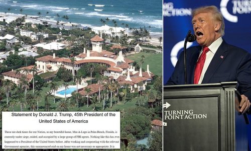 FBI raided Mar-a-Lago TODAY as part of investigation into 'classified material Trump took after departing White House': Ex-president confirms 'my home was under siege by large group of agents who even broke into my safe'