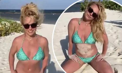 Britney Spears poses in a mint two-piece in throwback clip from Mexican trip... as her fiancé Sam Asghari thanks fans after they suffer miscarriage