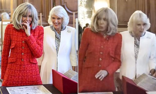 Queen Camilla and Brigitte Macron startled by a sneeze as they read through comic book archives in...
