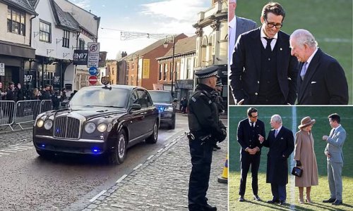 'Never heard of it!' US star Rob McElhenney cracks joke about 'Megflix' as he meets King Charles with Ryan Reynolds in Wrexham (where cheering royal fans give him a VERY warm welcome)