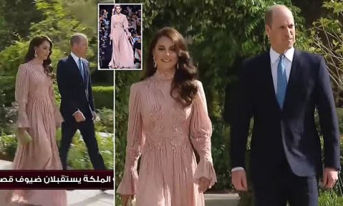 Kate's an English rose! Princess of Wales wows in a soft pink custom Elie Saab gown which she's had altered to remove sheer panels as she joins Prince William at Crown Prince Hussein's nuptials in Jordan